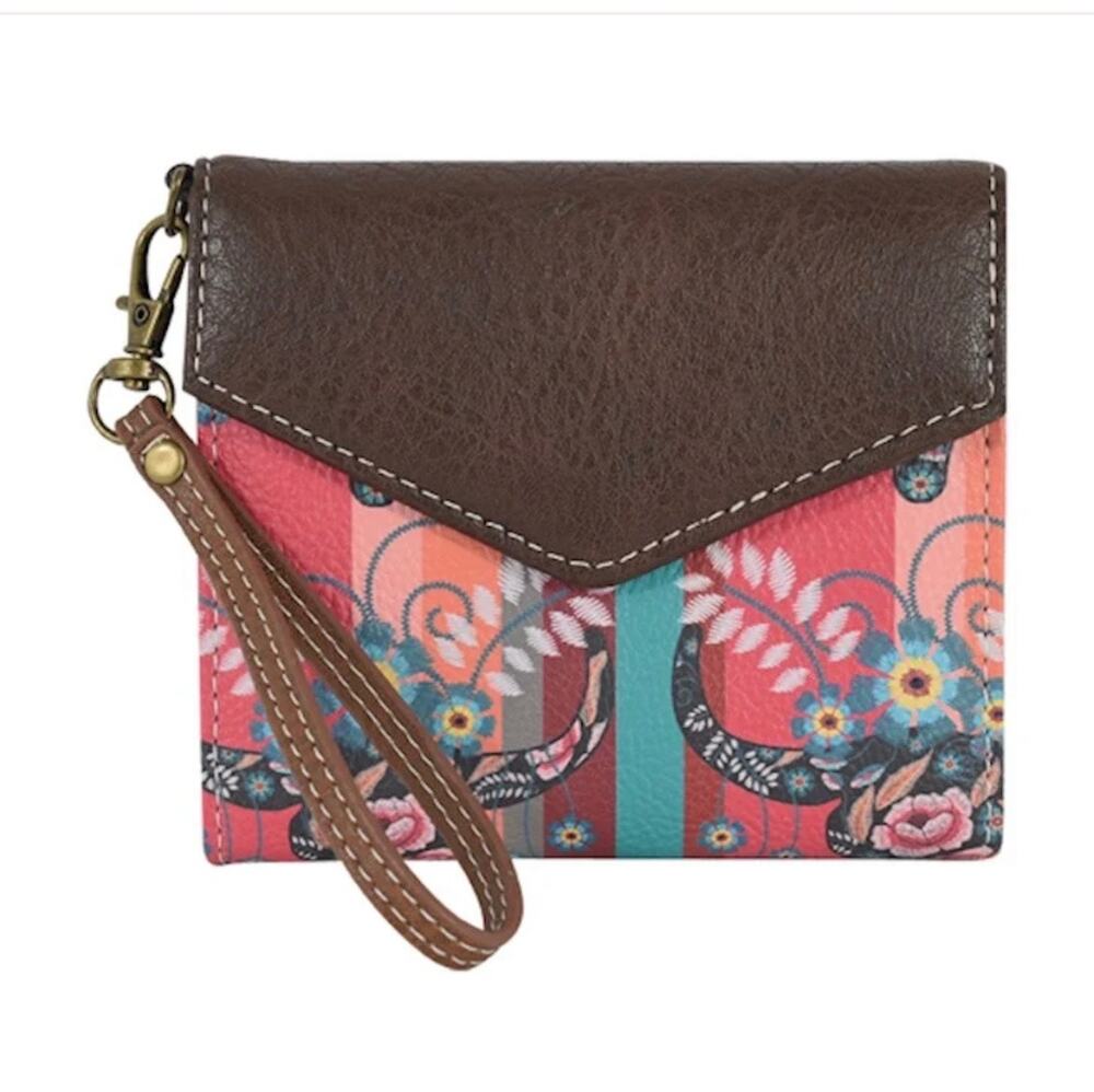 Catchfly Wallet Mini Coral/Turquoise Steer Head Print Wristlet 4.5"W x 3.75"